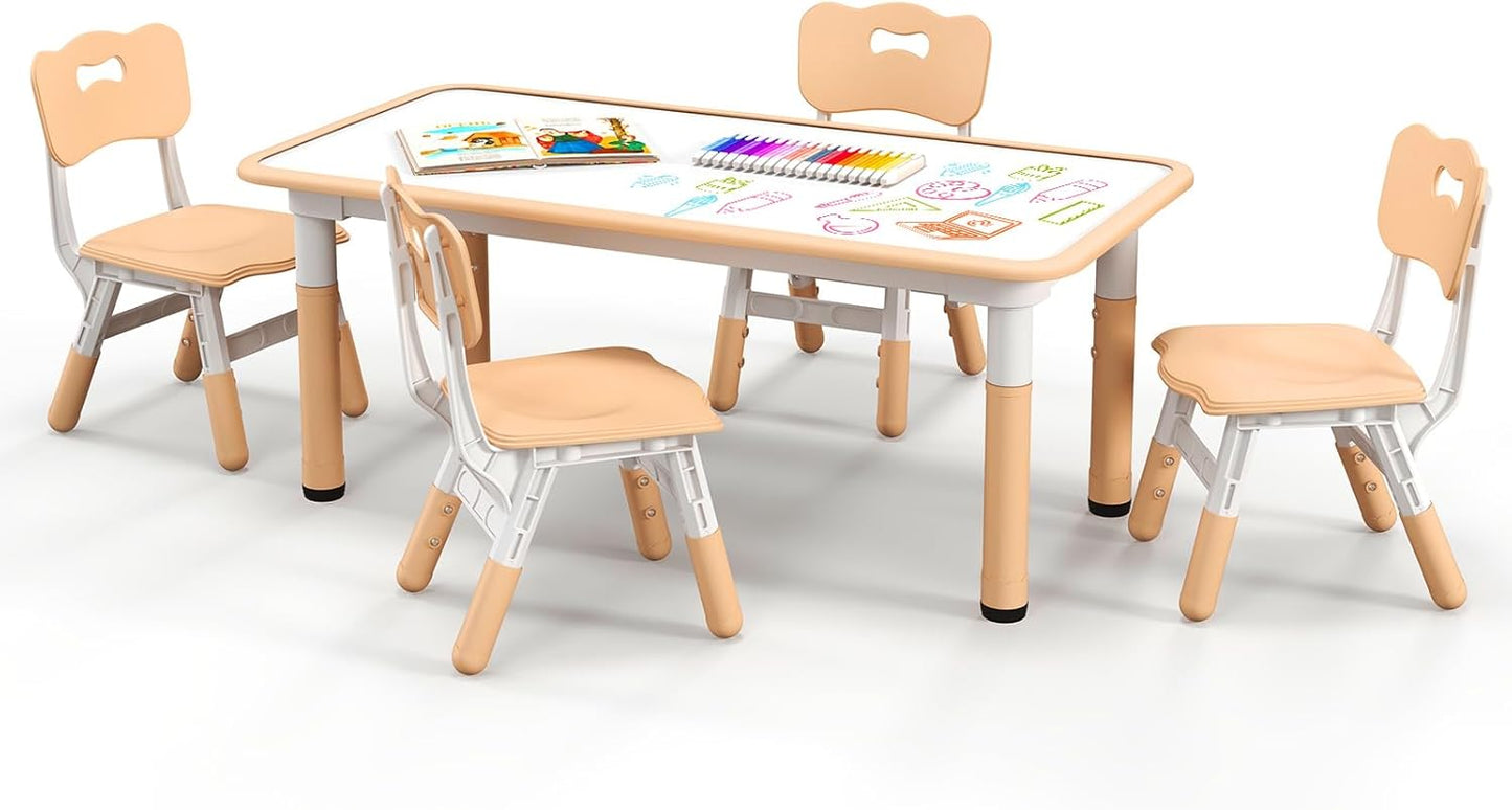 Costzon Kids Table and 4 Chair Set, Height Adjustable Toddler Desk and Chairs with Graffiti Desktop, Non-Slip Legs, Children Art Study Multi-Activity Table Set for Home, Daycare, School (Natural)