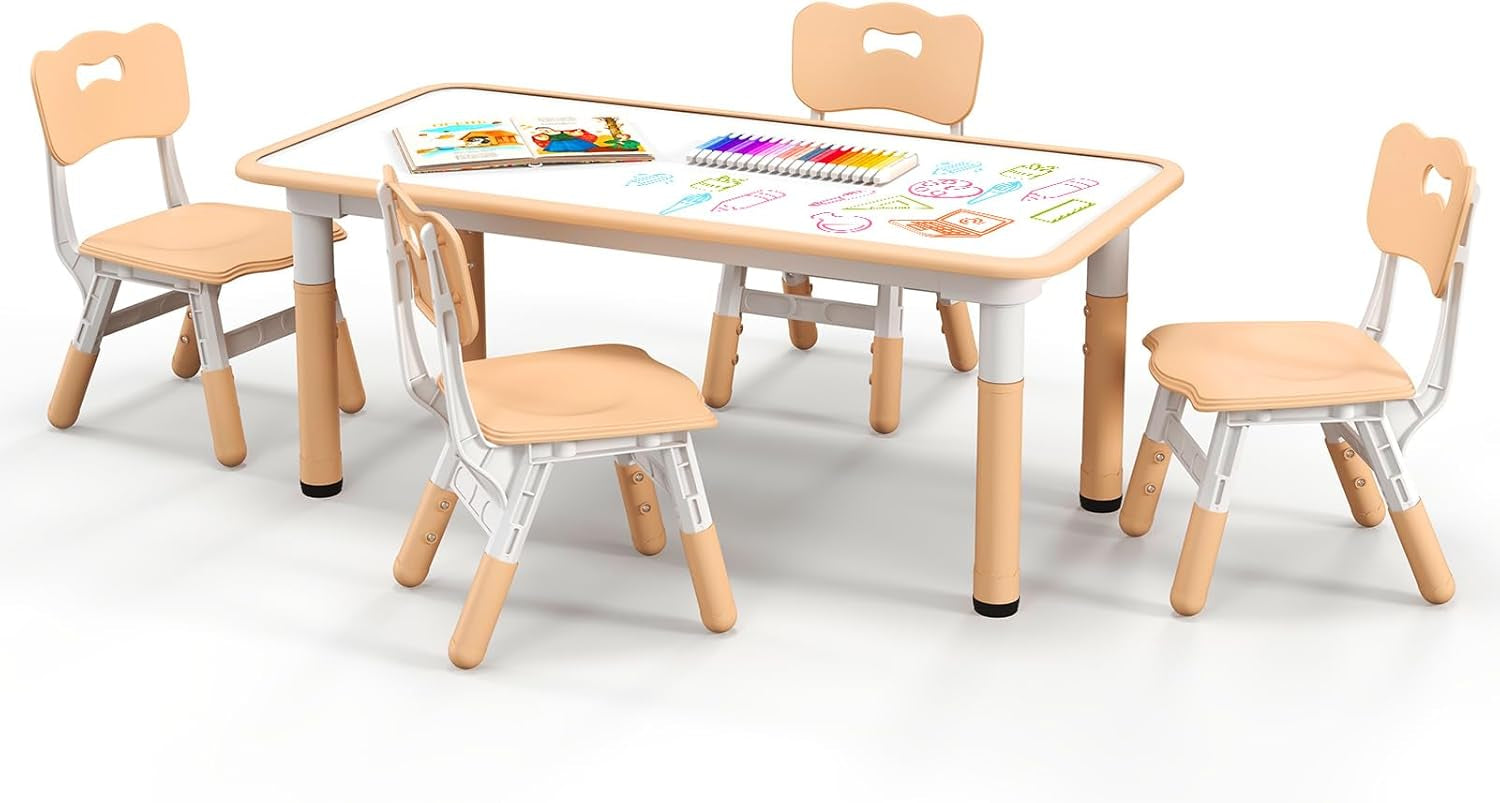 Costzon Kids Table and 4 Chair Set, Height Adjustable Toddler Desk and Chairs with Graffiti Desktop, Non-Slip Legs, Children Art Study Multi-Activity Table Set for Home, Daycare, School (Natural)