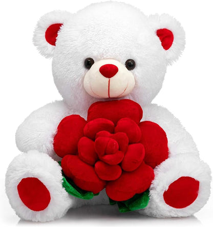 BEJOY Teddy Bear Stuffed Animals Plush Bear Holding Rose Soft Plush Toy Valentine'S Day, 16 Inch, White