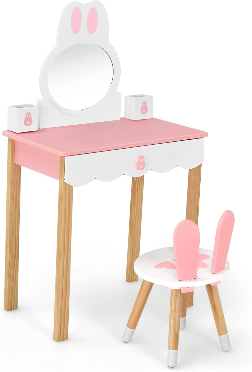 Costzon Kids Vanity Set, Girls Vanity Set with Mirror & Stool, 2 Large Drawers, Storage Shelf, Wooden Princess Makeup Dressing Table, Pretend Play Vanity Table Chair Set for Toddlers (Pink)