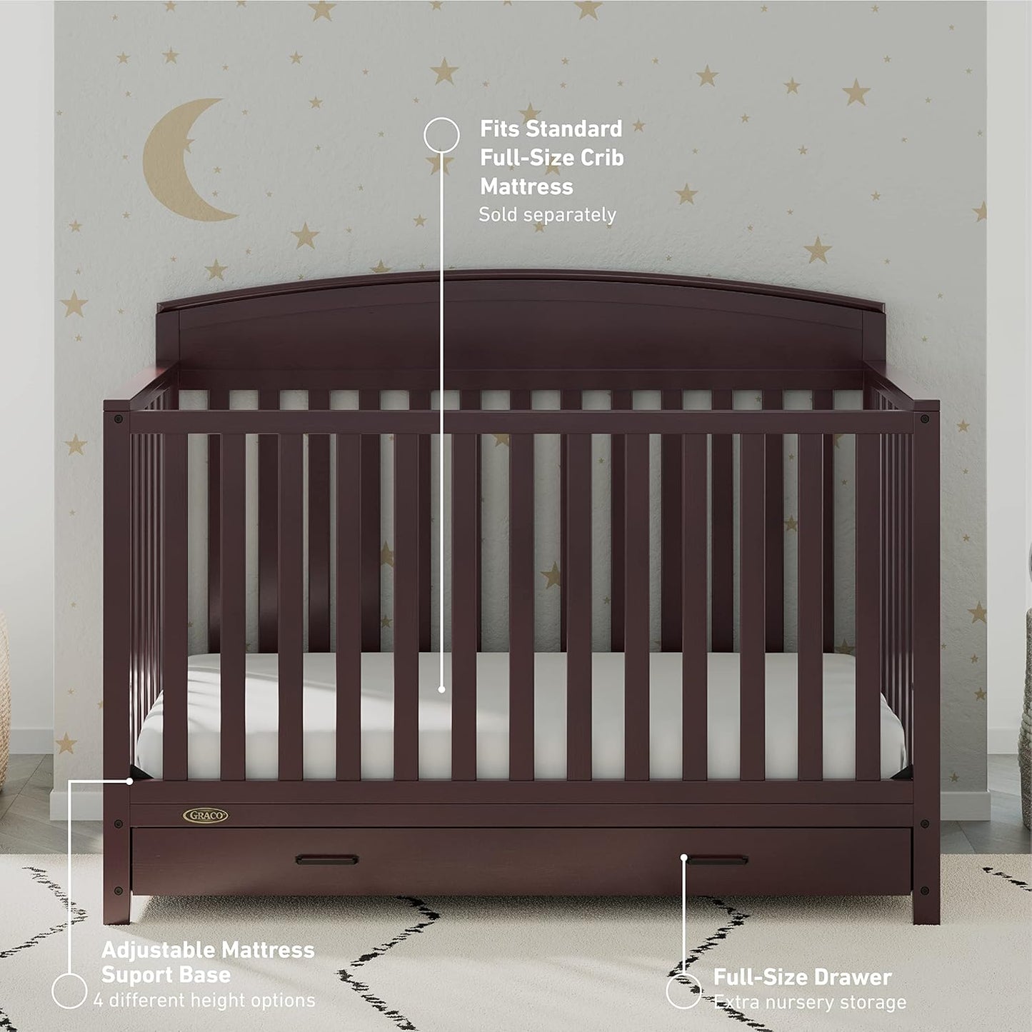 Graco Benton 5-In-1 Convertible Crib with Drawer (Espresso) - Converts from Baby Crib to Toddler Bed, Daybed and Full-Size Bed, Fits Standard Full-Size Crib Mattress, Adjustable Mattress Support Base