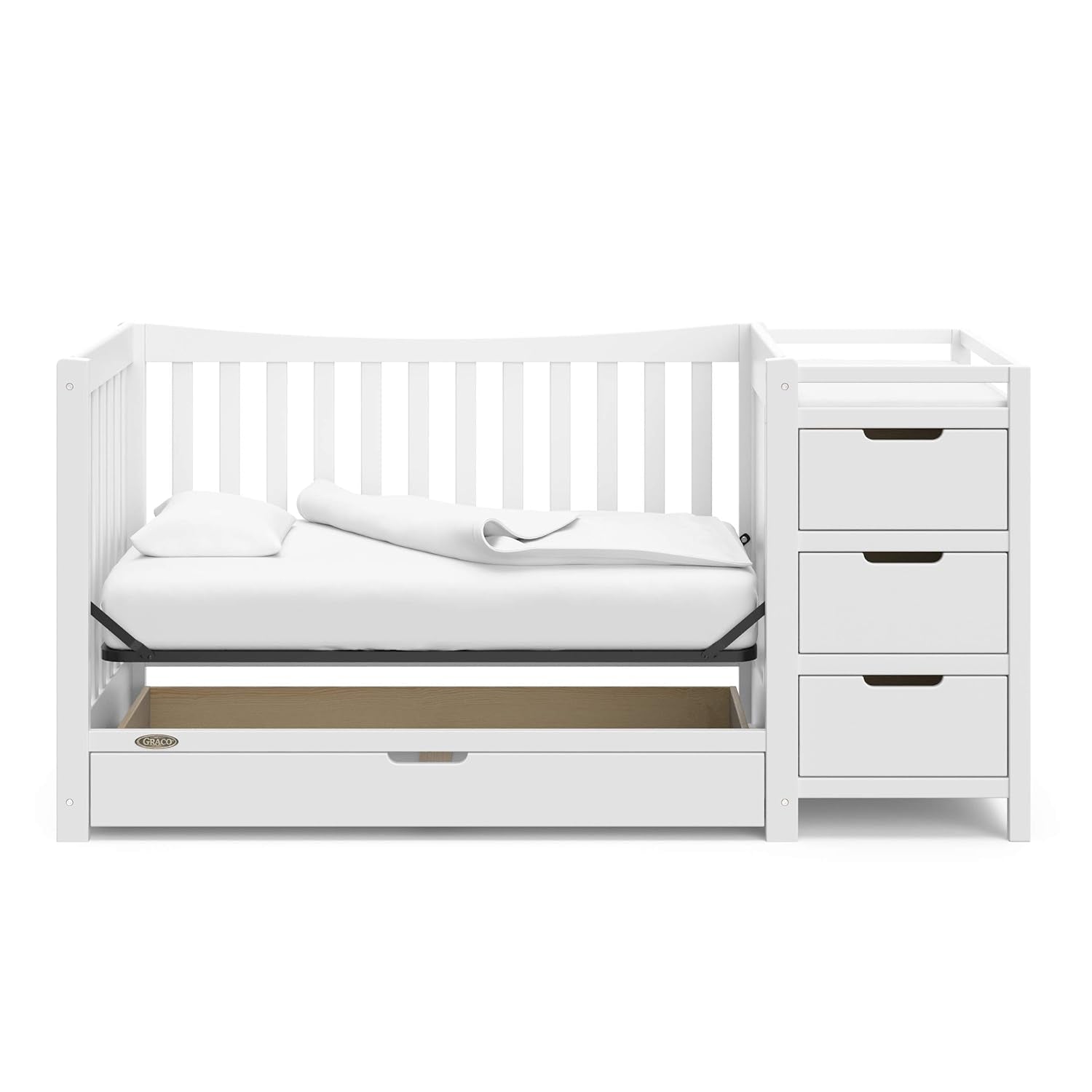 Graco Remi 4-In-1 Convertible Crib & Changer with Drawer (White) – GREENGUARD Gold Certified, Crib and Changing-Table Combo, Includes Changing Pad, Converts to Toddler Bed, Full-Size Bed