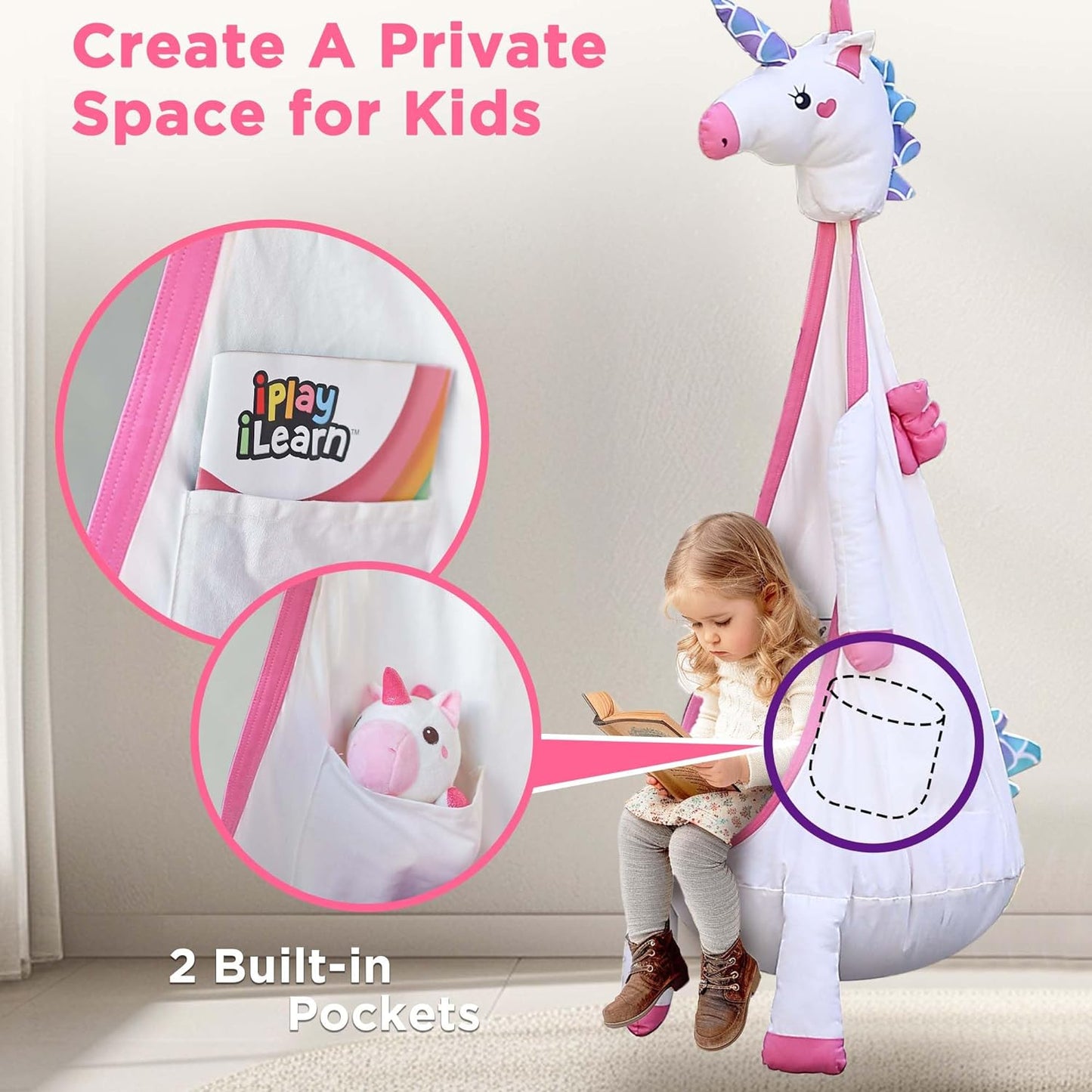 Iplay, Ilearn Kids Pod Swing Set, Toddler Girl Unicorn Swing Toys, Child Porch Hammock, Hanging Tree Tent for Indoor Outdoor Backyard Playground, Sensory Birthday Autism Gift Kit 3 4 5 6 7 8 Years Old