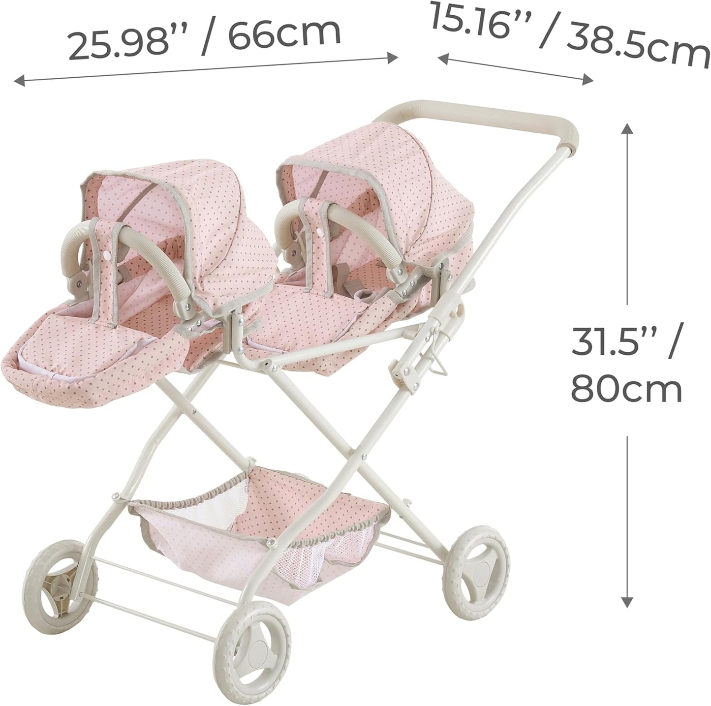 Olivia'S Little World Polka Dot Princess Baby Doll Twin Bassinet Stroller with Retractable Canopy & Storage, Pink/Gray