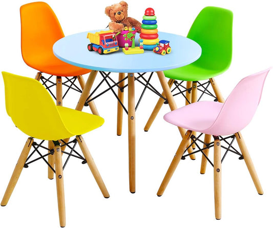 Costzon Kids Table and Chair Set, Kids Mid-Century Modern Style Table Set for Toddler Children, Kids Dining Table and Chair Set, 5-Piece Set(Colorful, Table & 4 Chairs)