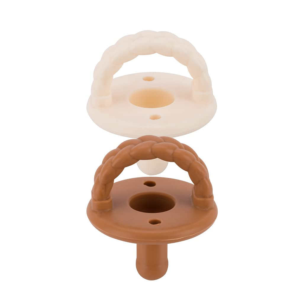 Itzy Ritzy Silicone Pacifiers for Newborn - Sweetie Soother Pacifiers Feature Collapsible Handle & Two Air Holes for Added Safety; for Ages Newborn and Up, Set of 2 in Coconut & Toffee