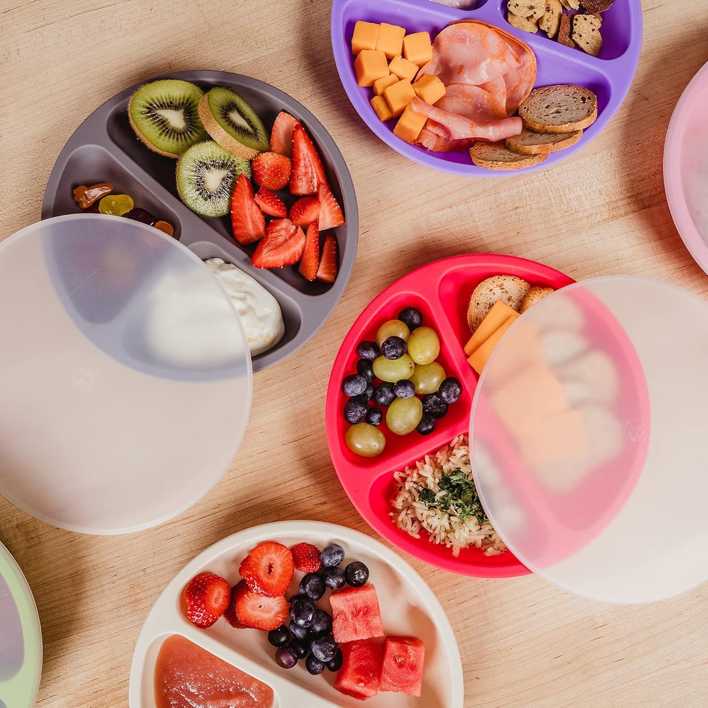 Weesprout Silicone Plates with Lids for Babies & Toddlers (3 Pack) 100% Food-Grade Dishes for Self Feeding, Divided Design & Raised Edges for Picky Eaters, Dishwasher & Microwave Safe Weaning Supplies