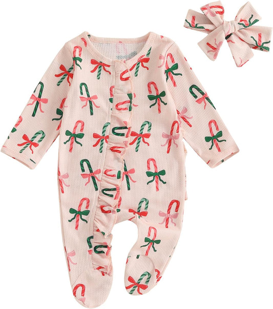 Eadrioss Christmas Baby Girl Outfit Waffle Candy Ruffle Romper Footies Jumpsuit Newborn Infant Girl Christmas Clothes Gift