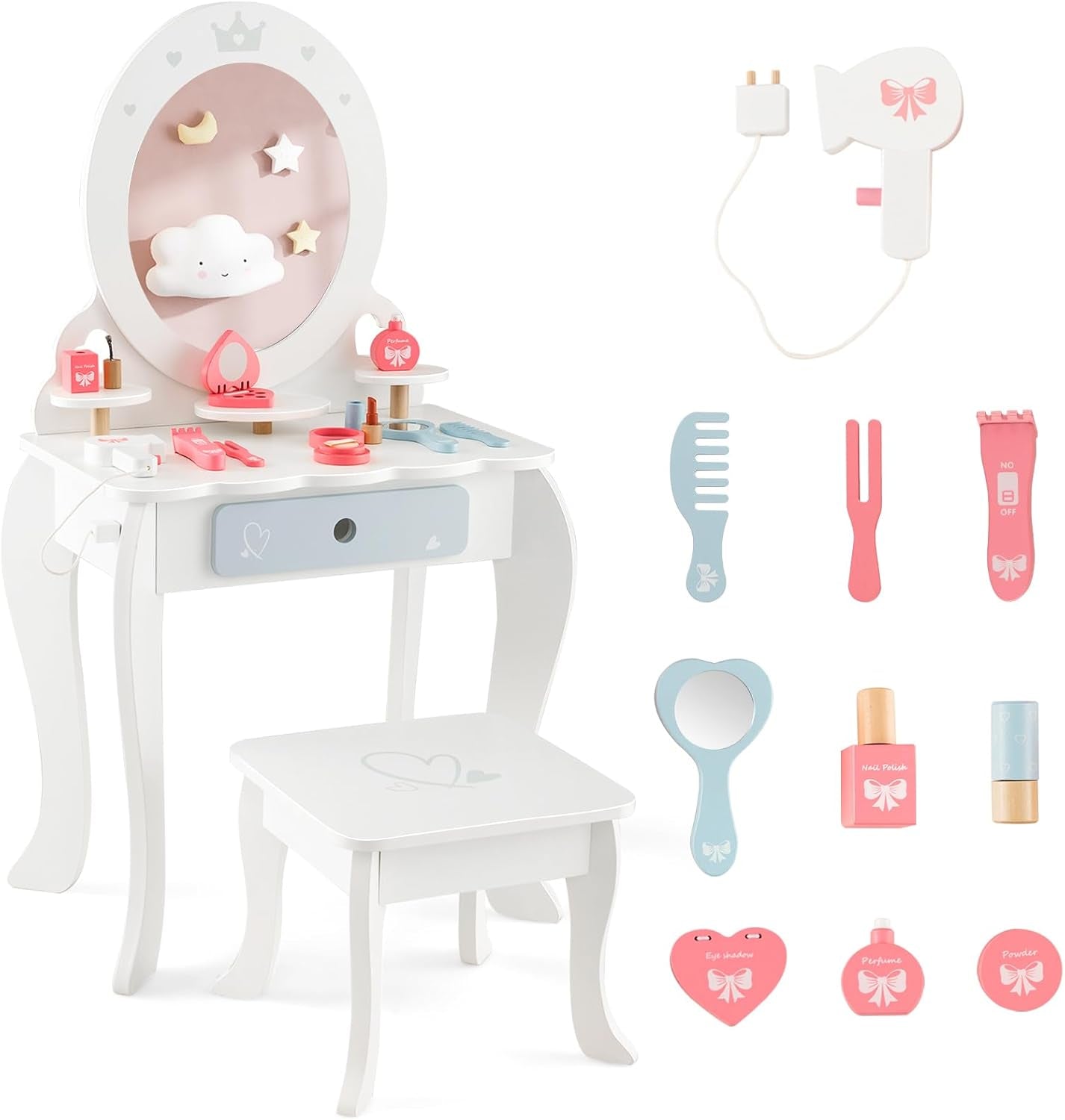 Costzon Kids Vanity Set with Mirror, Princess Makeup Dressing Table & Stool Set, Toddler Vanity W/Accessories, Drawer, Storage Shelves, Pretend Play Vanity Table and Chair Set for Little Girls, White