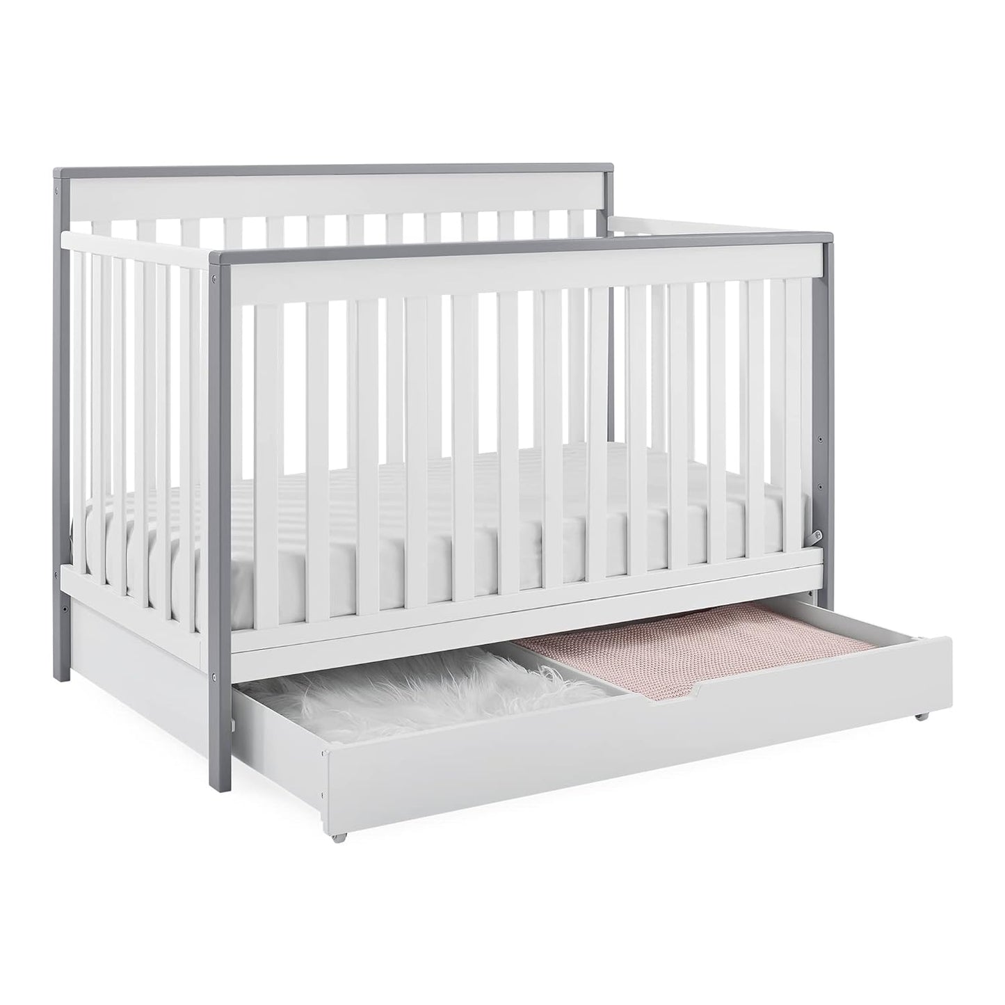 Delta Children Mercer 6-In-1 Convertible Crib with Storage Trundle, Greenguard Gold Certified, Bianca White/Grey