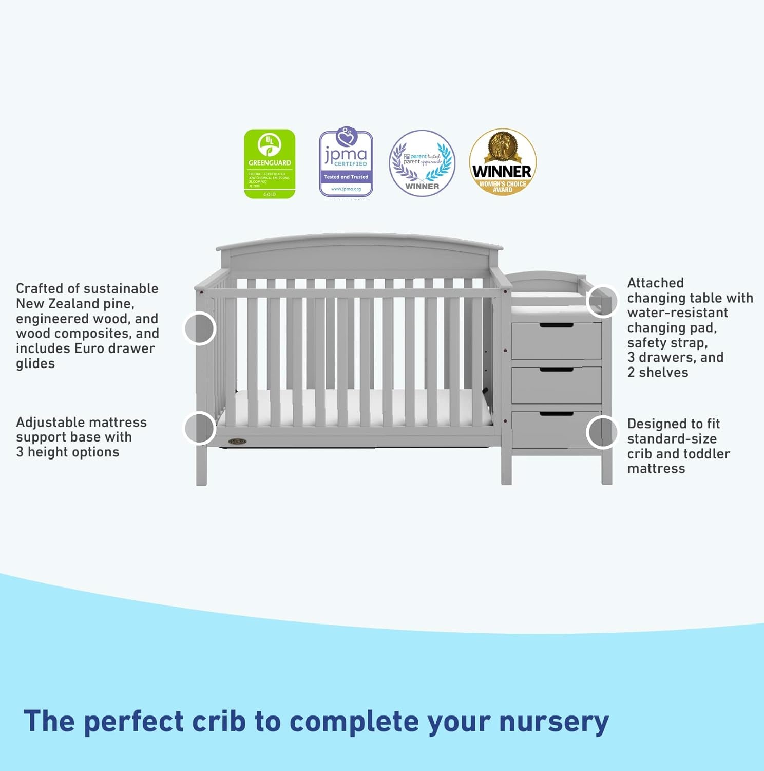 Graco Benton 5-In-1 Convertible Crib and Changer (Pebble Gray) – Crib and Changing Table Combo, Includes Water-Resistant Changing Pad, 3 Drawers, Converts to Toddler Bed, Daybed and Full-Size Bed