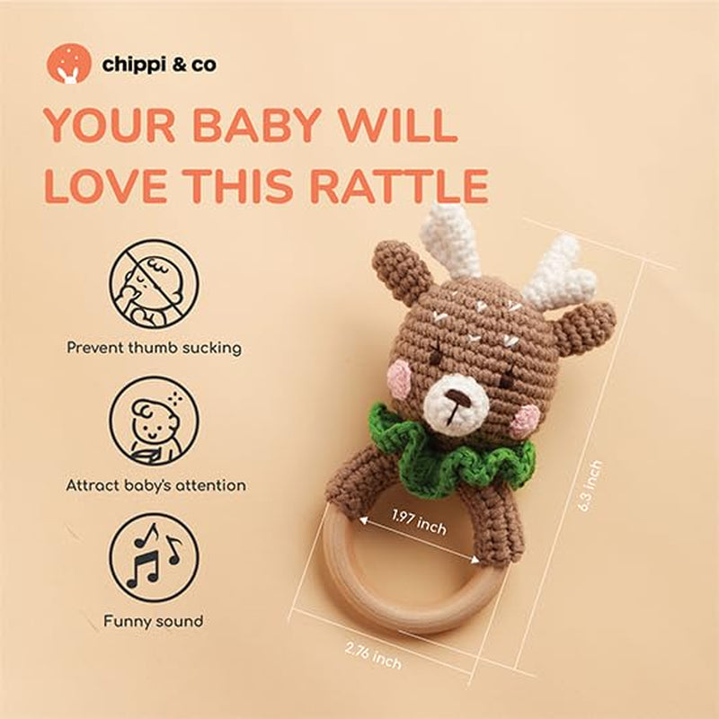 Chippi & Co Crochet Baby Rattle, Crochet Baby Toys, Stuffed Baby Doll, Organic Wooden Newborn Toys, Knitted Stuffed Animals for Babies Boy, Girl, Christmas Gifts for New Parents (Baby Reindeer)