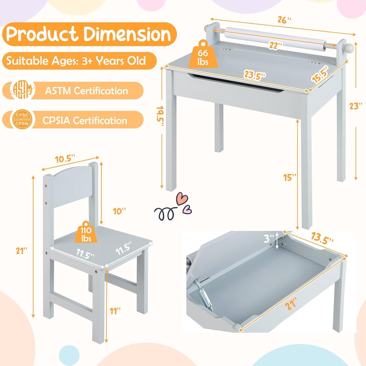 Costzon Kids Table and Chair Set, Flip Top Kids Art Craft Table W/Chair for Playroom Kindergarten, Toddler Drawing Writing Desk Set W/Paper Roll & 2 Markers, Gift for Boys Girls Ages 3+ (White)