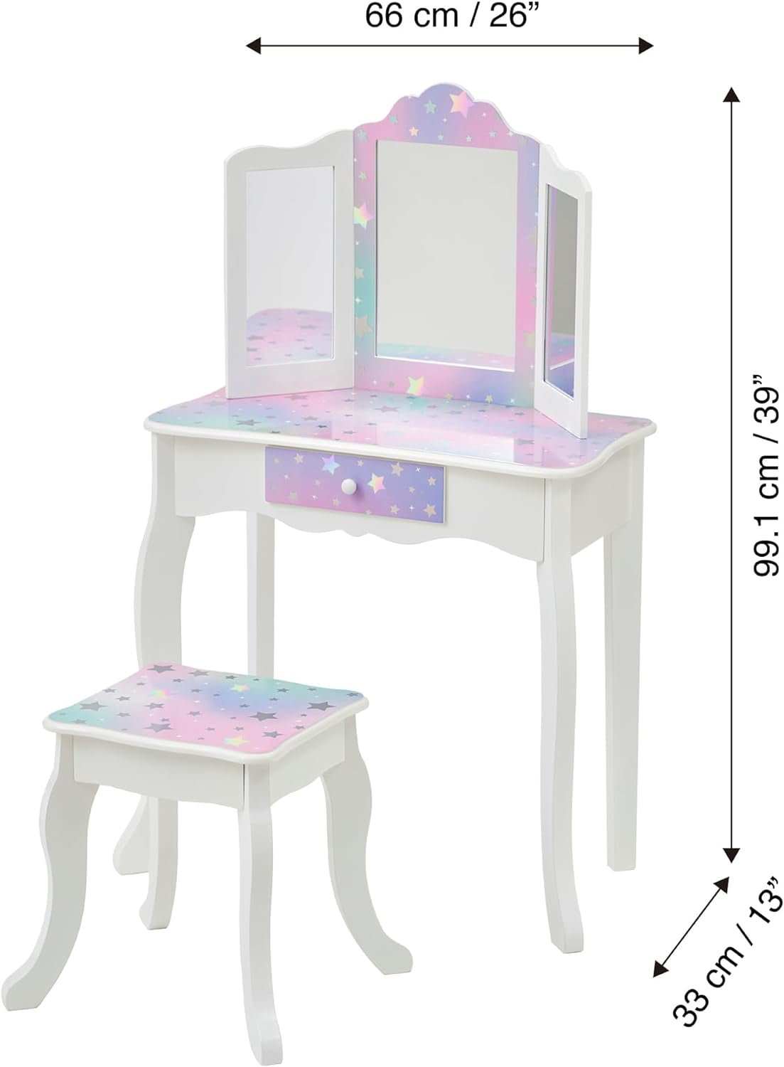 Teamson Kids Princess Gisele Starry Sky Print 2-Piece Kids Wooden Play Vanity Set with Vanity Table, Tri-Fold Mirror, Storage Drawer, and Matching Stool, White with Iridescent and Stars Accent