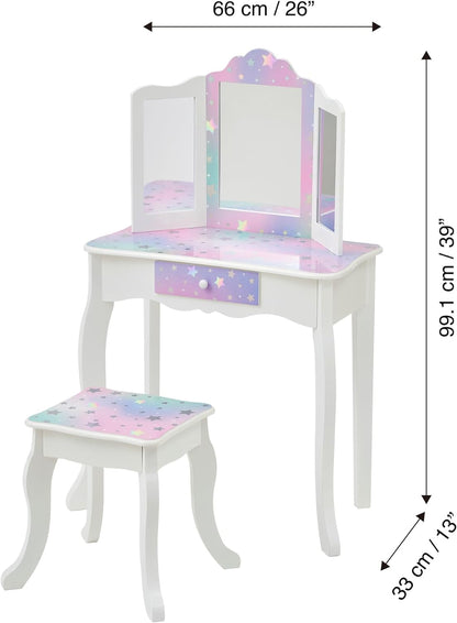 Teamson Kids Princess Gisele Starry Sky Print 2-Piece Kids Wooden Play Vanity Set with Vanity Table, Tri-Fold Mirror, Storage Drawer, and Matching Stool, White with Iridescent and Stars Accent