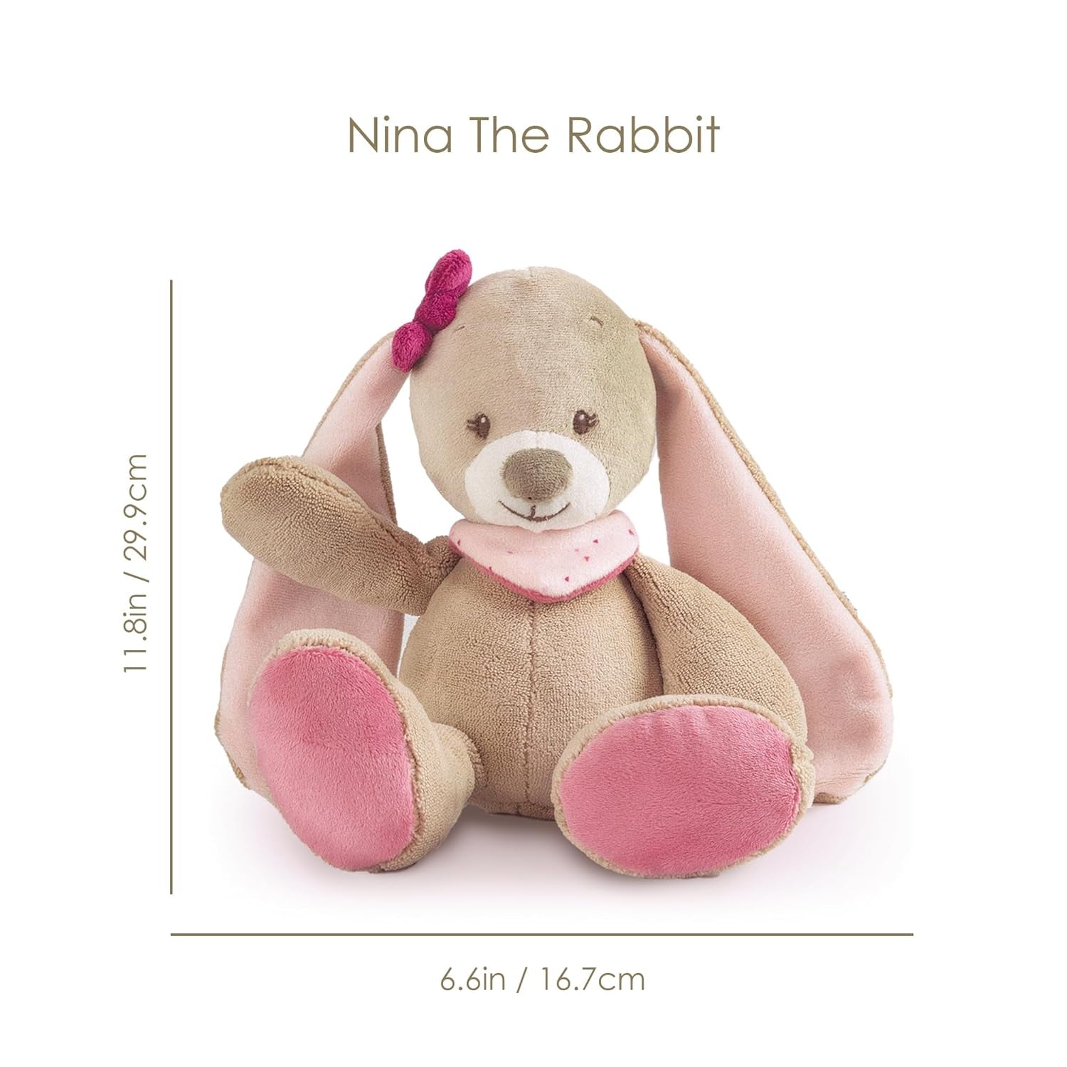 Nattou Cuddly Toy Rabbit Nina Stuffed Animal for Kids & Babies - Promotes Motor Skills, Easy Care, Extra-Soft Material, Machine Washable - Pink/Beige, 11 Inches