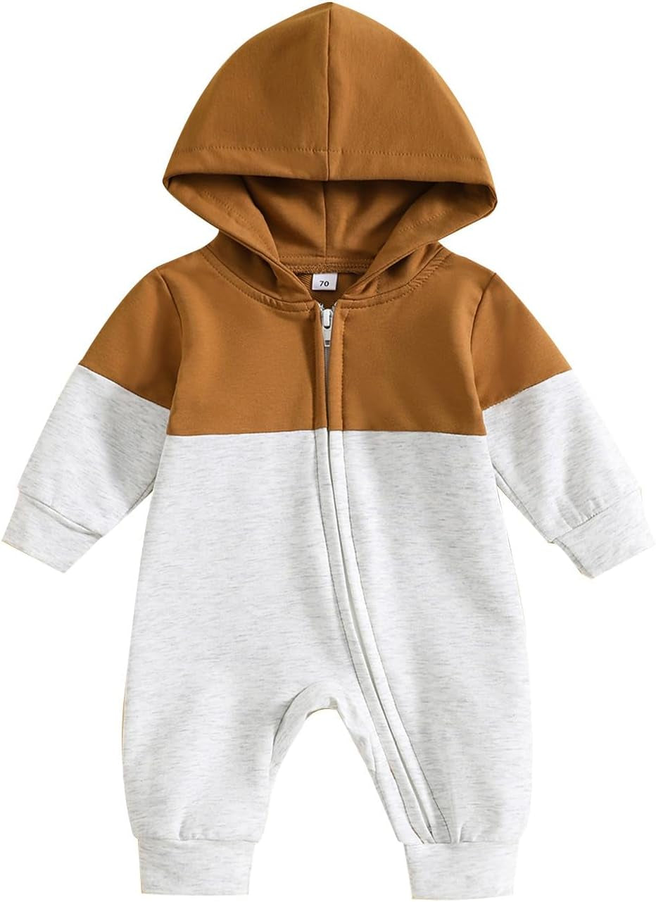 Bemeyourbbs Newborn Baby Boy Clothes Color Block Long Sleeve Hooded Romper with Pocket Fall Winter One Piece Outfits