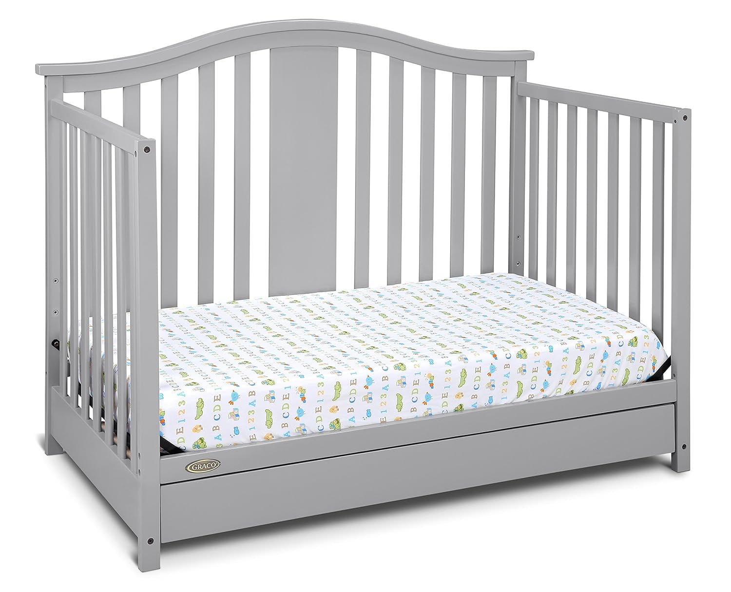 Graco Solano 4-In-1 Convertible Crib with Drawer (Pebble Gray) – GREENGUARD Gold Certified, Crib with Drawer Combo, Includes Full-Size Nursery Storage Drawer, Converts to Toddler Bed and Full-Size Bed