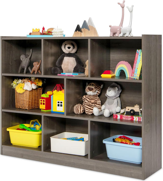 Costzon Kids Toy Organizers and Storage, Wooden 3 Tier Bookshelf with 8 Compartment Cubes to Organize Books, Toys, Home Furniture for Toddlers Playroom, Bedroom, Living Room, Nursery (Grey)