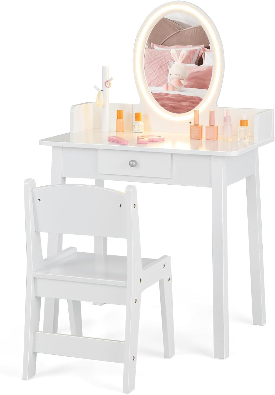 Costzon Kids Vanity, Girls Vanity Set with Mirror and Stool and Lights, Drawer, Jewelry Rack, 2 in 1 Wooden Princess Makeup Desk Dressing Table, Pretend Play Kids Vanity Table and Chair Set (White)