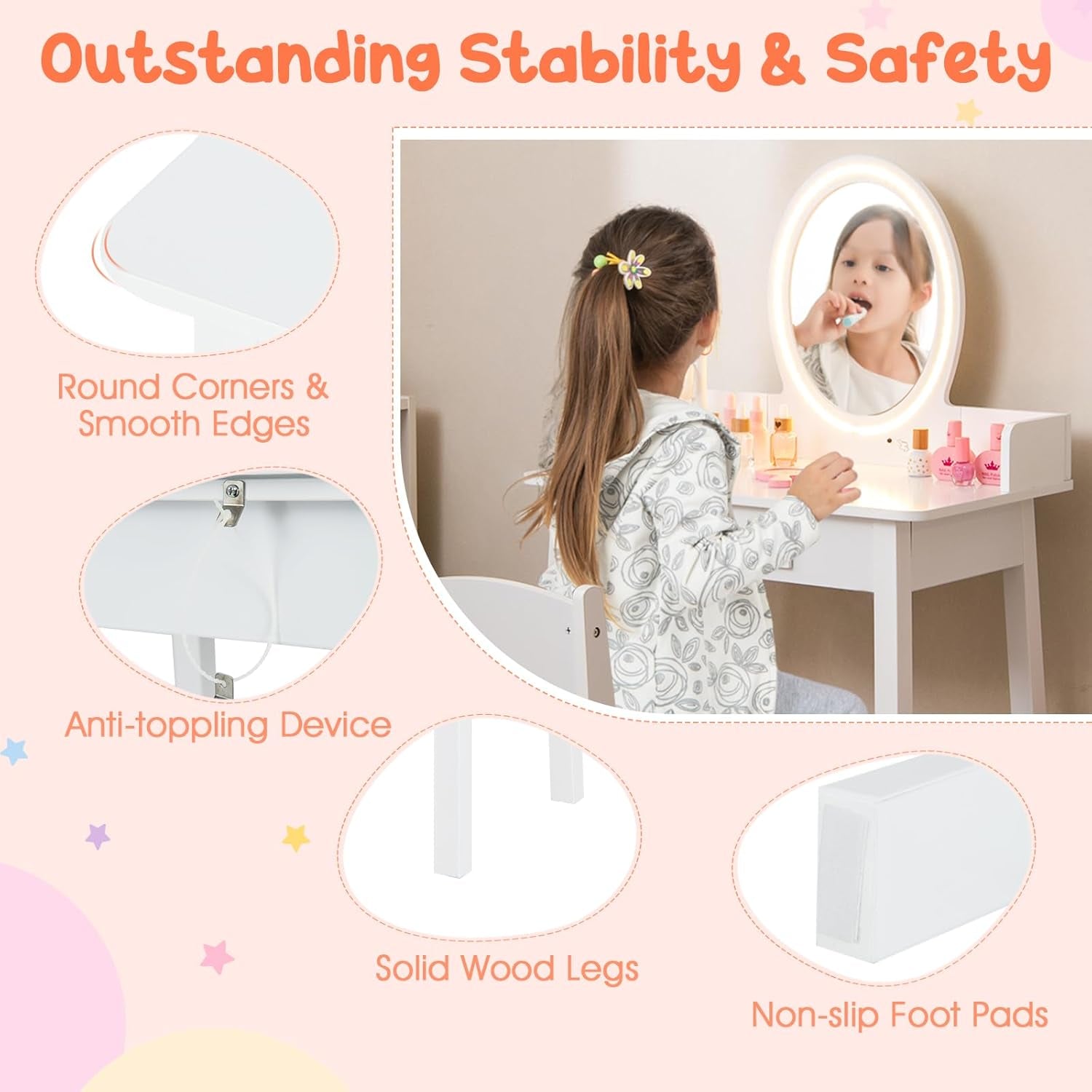 Costzon Kids Vanity, Girls Vanity Set with Mirror and Stool and Lights, Drawer, Jewelry Rack, 2 in 1 Wooden Princess Makeup Desk Dressing Table, Pretend Play Kids Vanity Table and Chair Set (White)