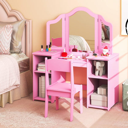 Costzon Kids 2-In-1 Princess Makeup Desk & Chair with Detachable Mirror, Shelves, Pretend Play Dressing Table for Girls (Pink)