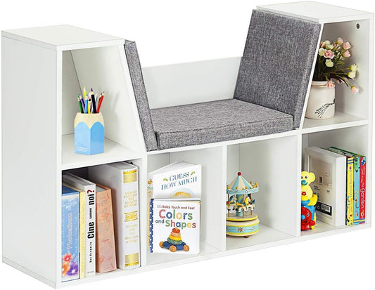 Costzon 6-Cubby Kids Bookcase W/Cushioned Reading Nook, Multi Purpose Storage Organizer Cabinet Shelf with Soft Cushion and Thick Wood Board for Children Girls & Boys Bedroom Decor Room (Modern White)