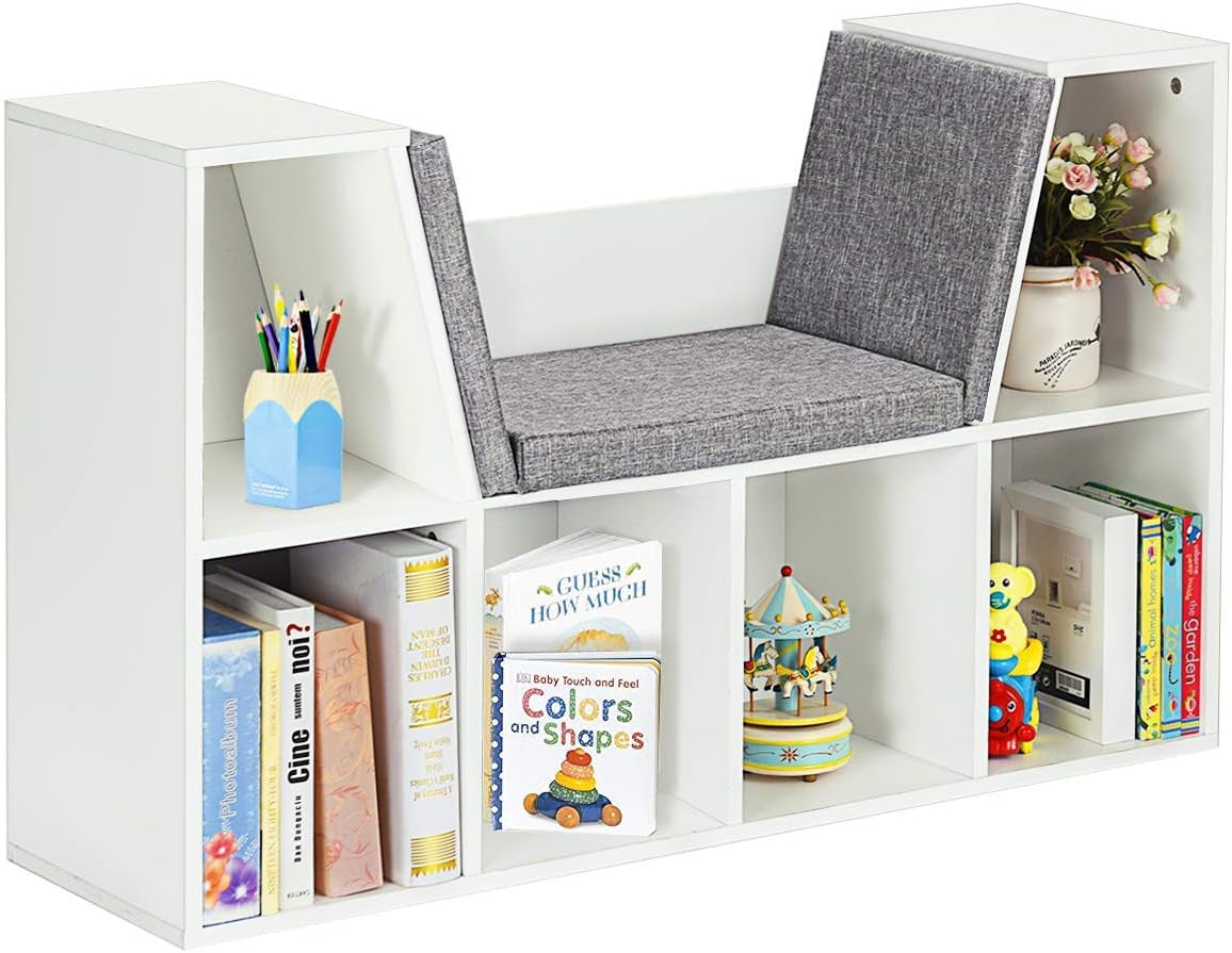 Costzon 6-Cubby Kids Bookcase with Cushioned Reading Nook, Multi-Purpose Wooden Toy Storage and Organizer Cabinet, Corner Book Shelf for Kids Room, Bedroom, Nursery (Espresso)