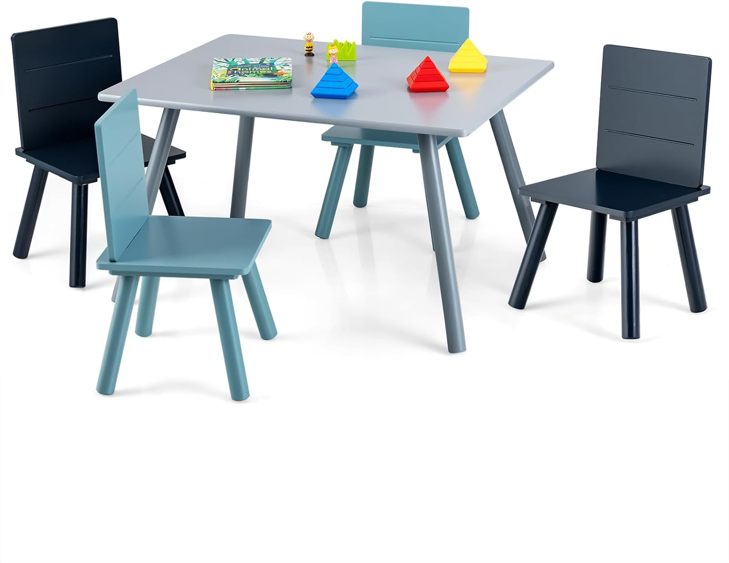 Costzon Kids Table and Chair Set, 5-Piece Toddler Table & 4 Chairs W/Toy Bricks for Arts, Crafts, Snack Time & Homework, Classroom Playroom Daycare Furniture for Boys & Girls Age 3-7 (Grey, Blue)