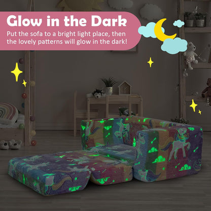 Costzon Kids Couch, Glow in Dark, Foldable Modular Children'S Sofa Playset with Ottomans, Machine Washable Cover, Side Storage Pockets, Toddler Chair for Boys Girls, Bedroom Playroom Gift for Toddlers