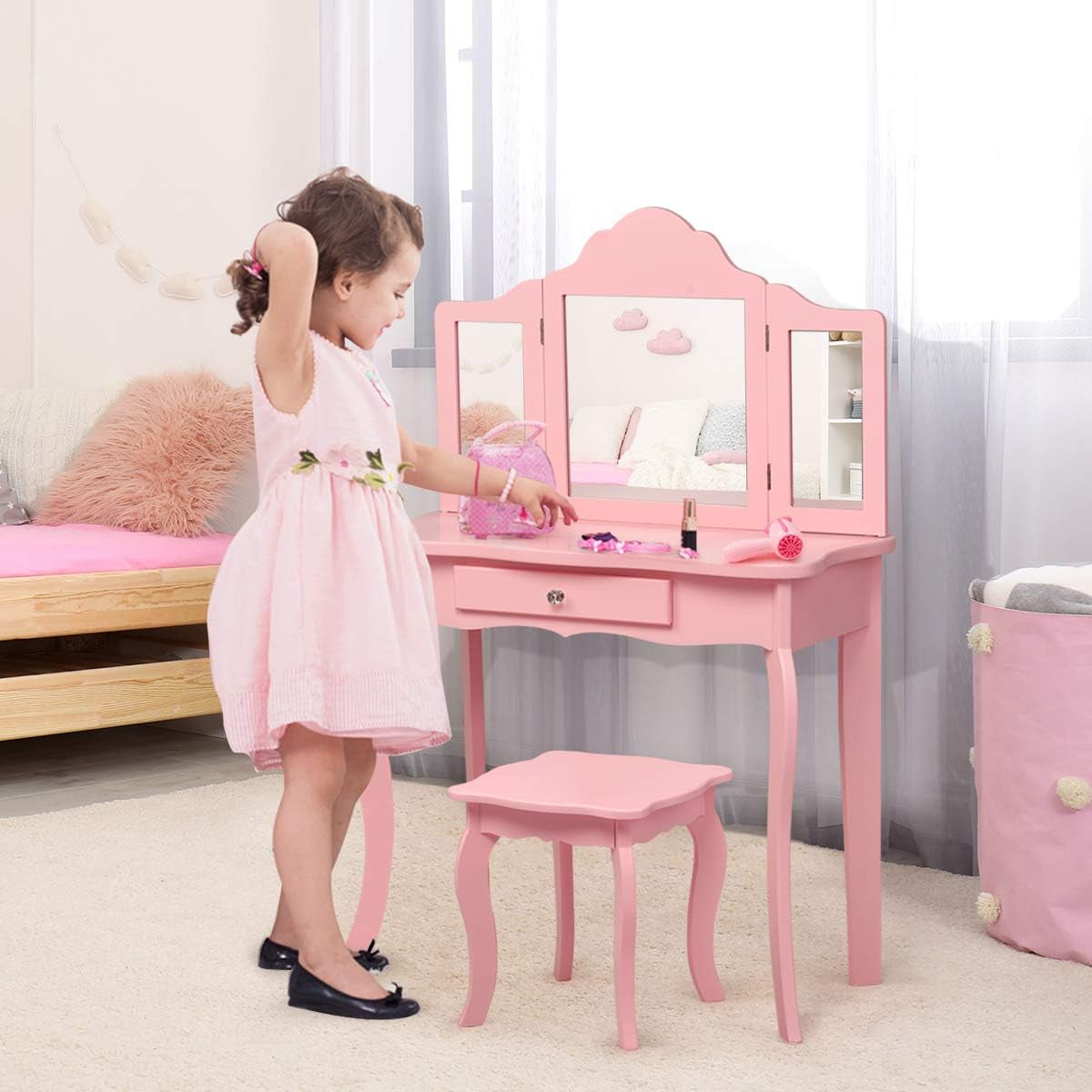 Costzon Kids Wooden Vanity Table & Stool Set, 2 in 1 Detachable Design with Dressing Table and Writing Desk, Princess Makeup Dressing Table with Two 180° Folding Mirror, for Girls, Kids (Pink)