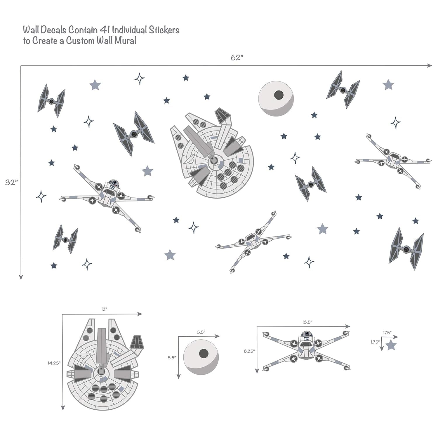 Lambs & Ivy Star Wars Squadron X-Wing/Tie Fighter/Millennium Falcon Wall Decals