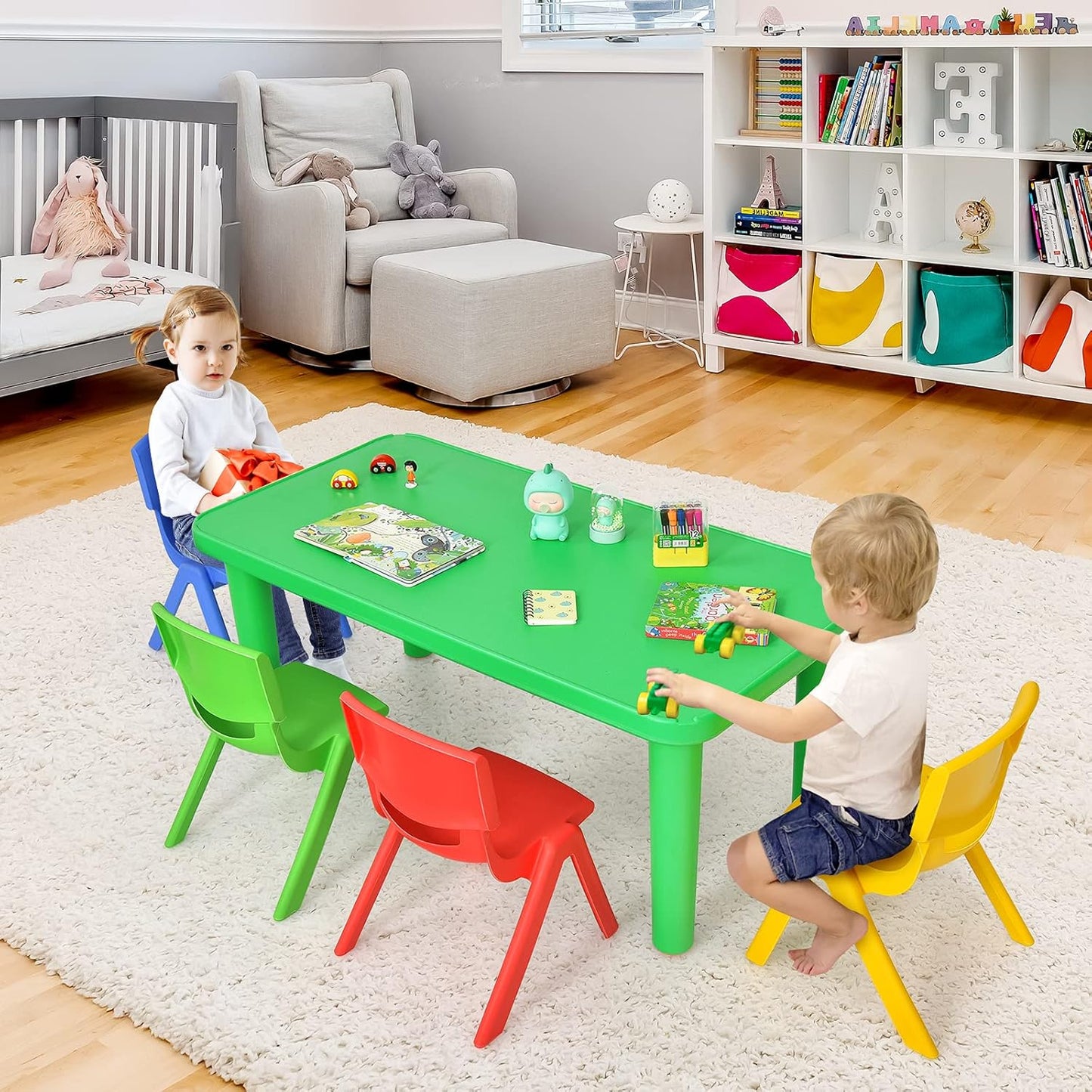 Costzon Kids Table and Chair Set, Plastic Learn and Play Activity Set, Colorful Stackable Chairs, Portable Table for School Home Play Room (Table & 4 Chairs)