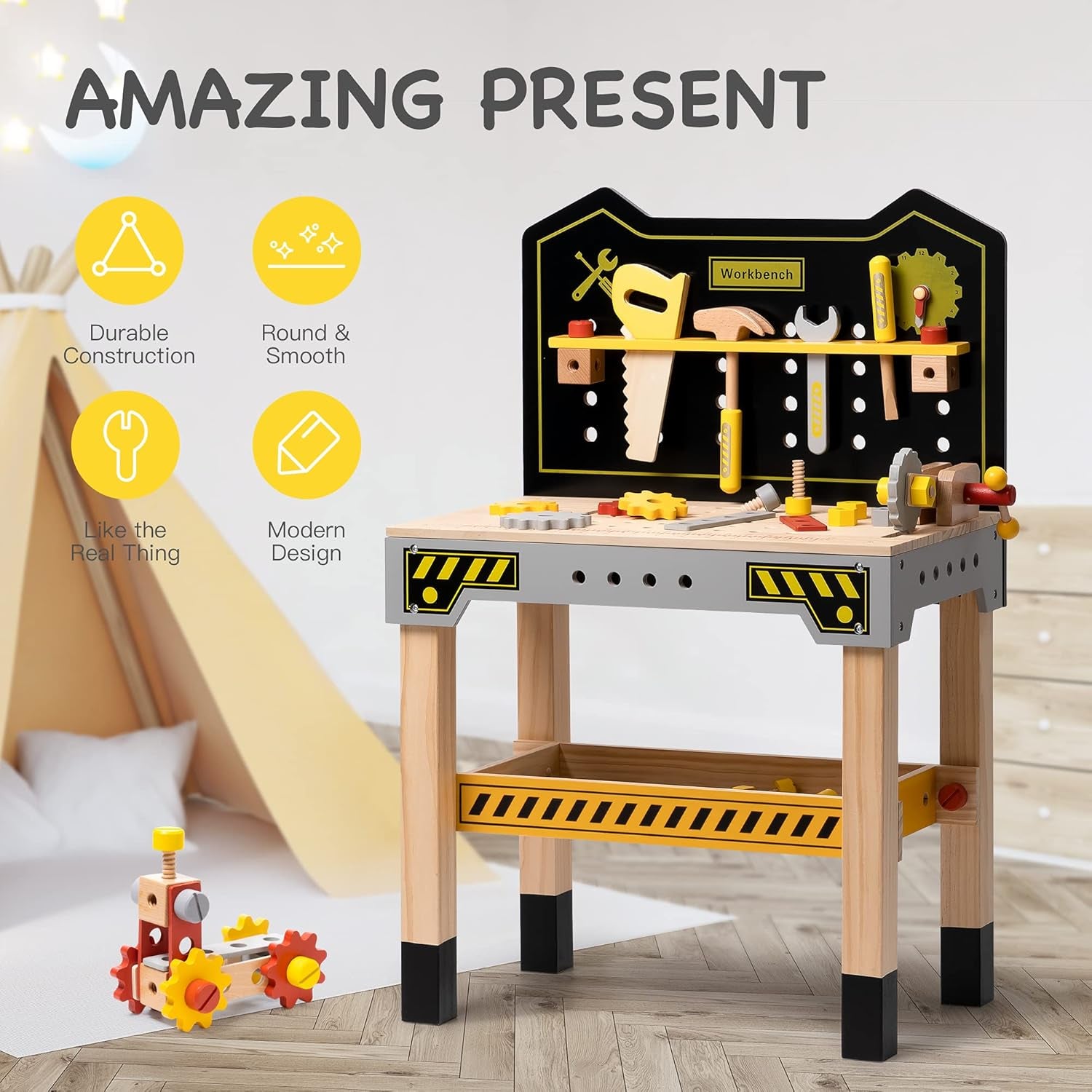 ROBUD Wooden Tool Workbench Toy for Kids & Toddlers, Pretend Play Tool Toy Gift for Boys Girls