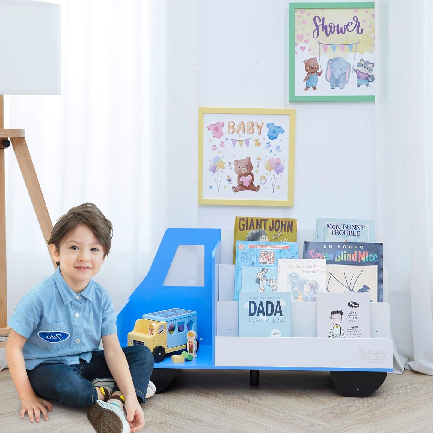 Fantasy Fields Toddler Storage Kids Bookcase 3-Tier Truck Display Bookshelf, Blue and White