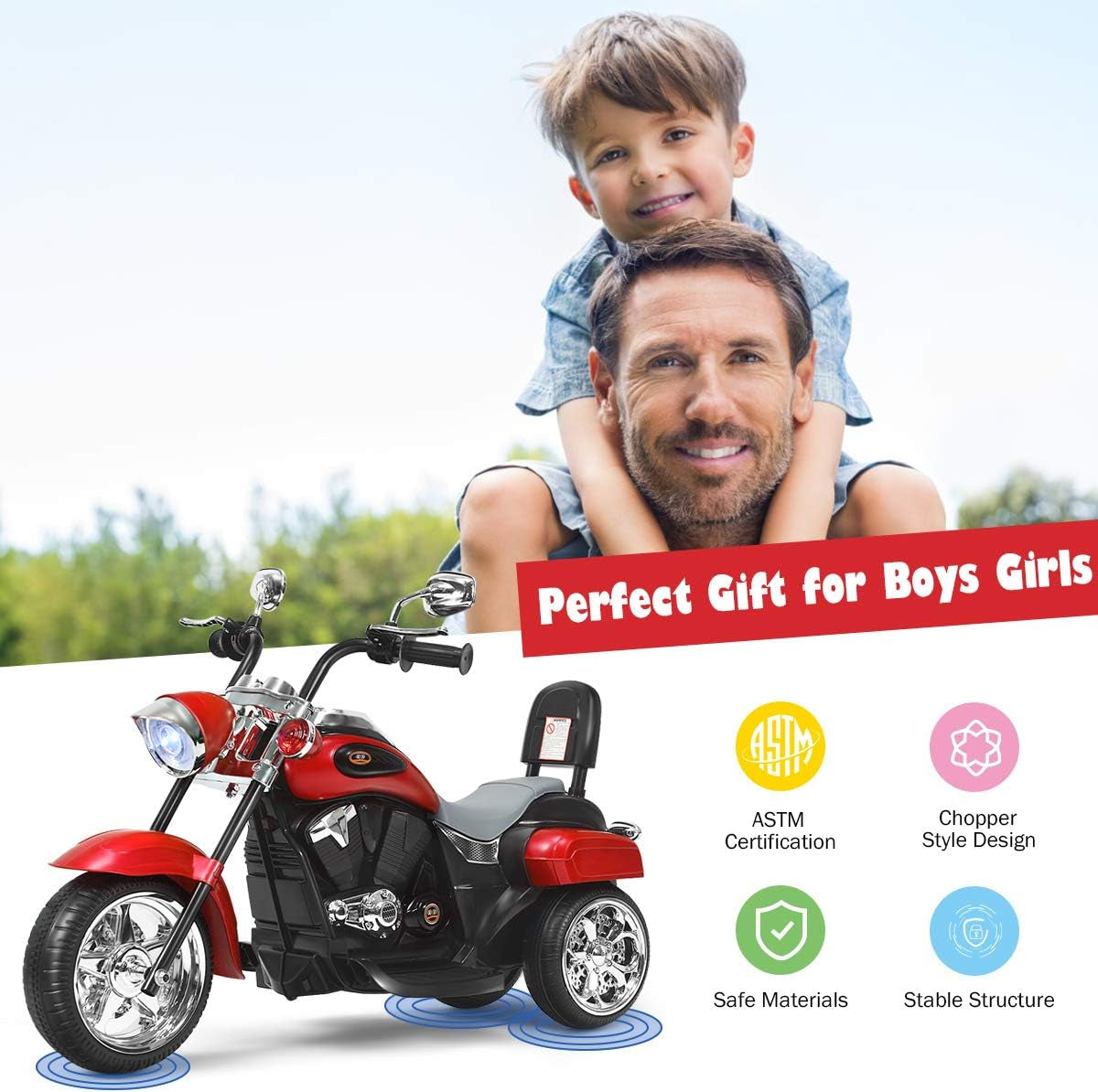 Costzon Kids Ride on Chopper Motorcycle, 6 V Battery Powered Motorcycle Trike W/Horn, Headlight, Forward/Reverse Switch, ASTM Certification, 3 Wheel Ride on Toys for Boys Girls Gift (Red)