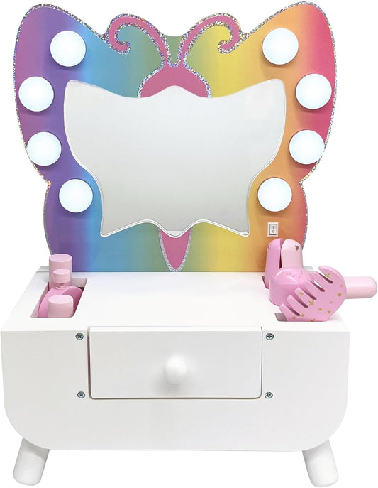 Teamson Kids Colorful Butterfly-Shaped Tabletop Vanity with Led-Illuminated Mirror and 6-Pc. Accessory Set