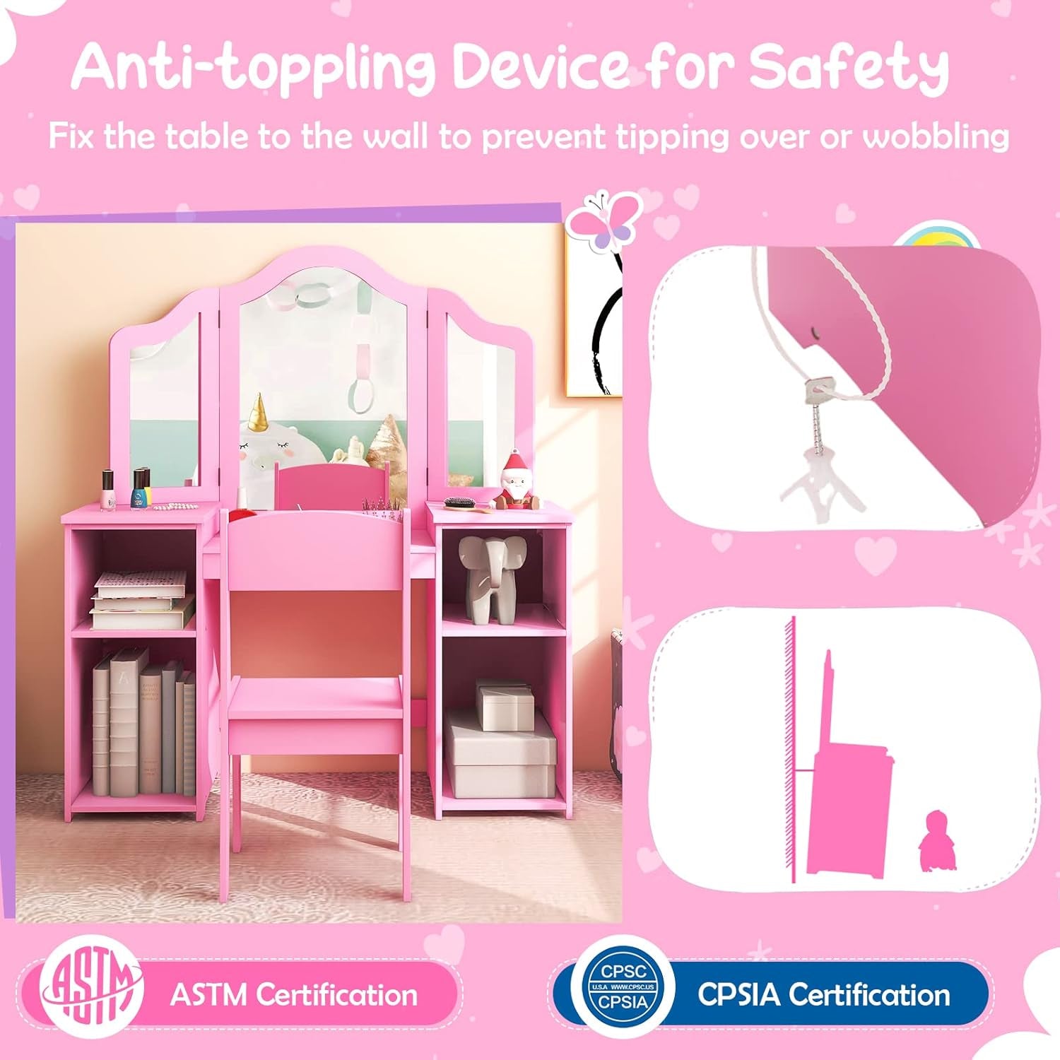 Costzon Kids 2-In-1 Princess Makeup Desk & Chair with Detachable Mirror, Shelves, Pretend Play Dressing Table for Girls (Pink)