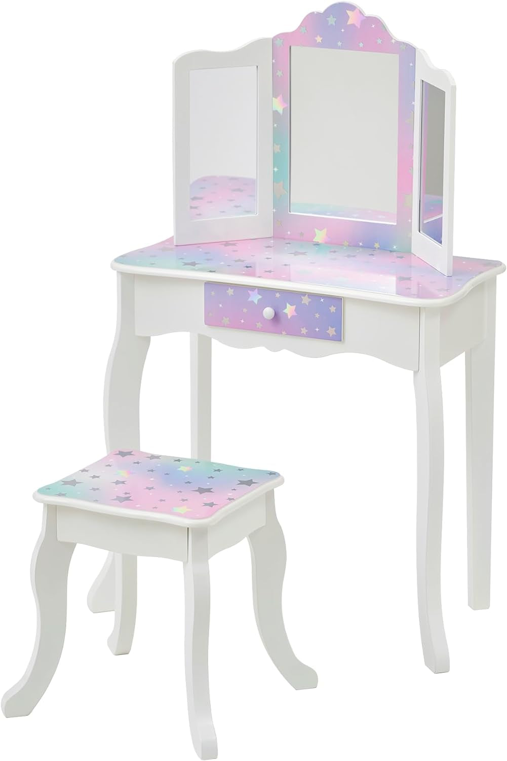 Teamson Kids Pretend Play Kids Vanity, Table & Chair Vanity Set with Mirror, Girls Makeup Dressing Table with Storage Drawer & Polka Dot Print, Gisele Collection, Pink/Gold