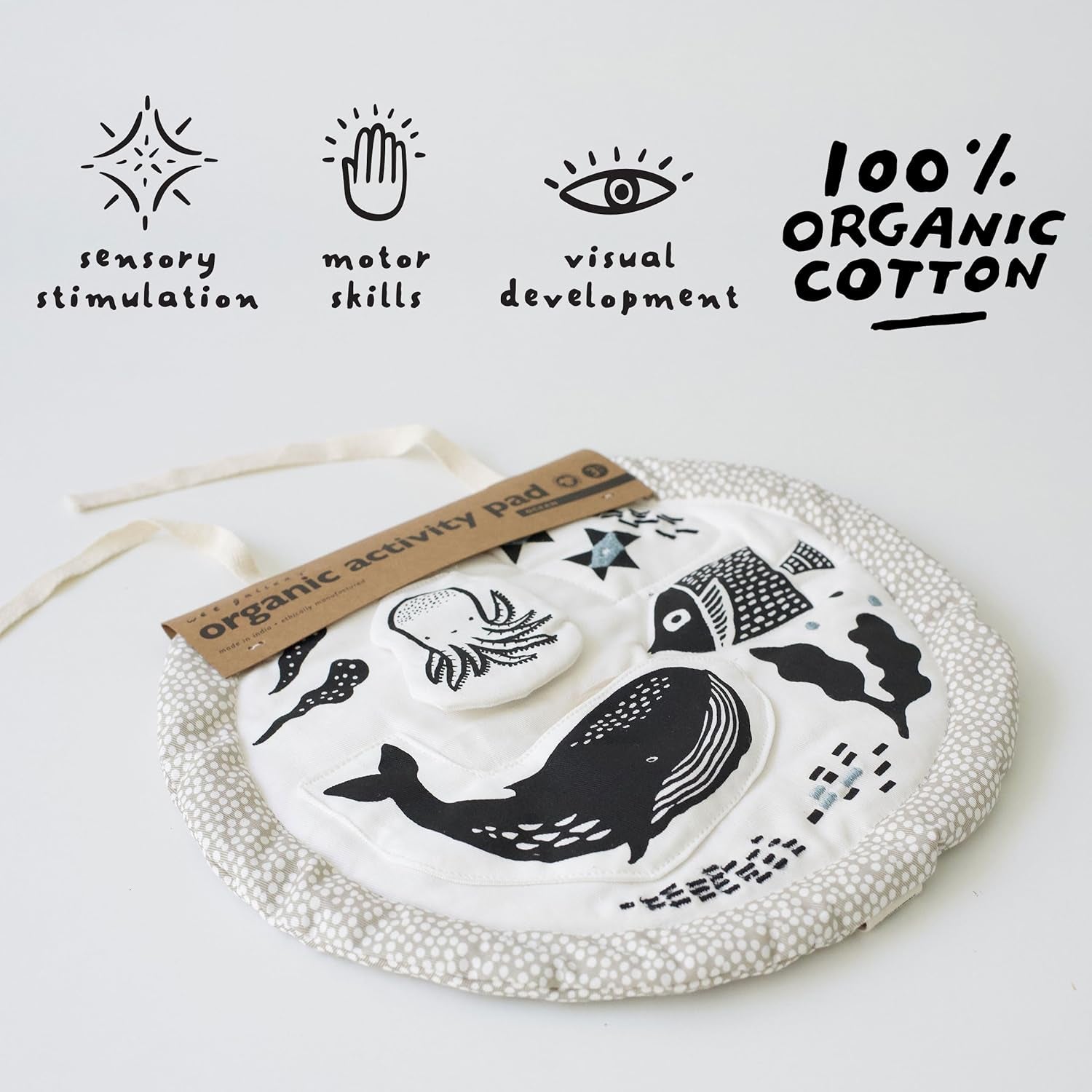 Wee Gallery Organic Ocean Activity Pad - High Contrast Tummy Time Play Mat with 6 Interactive Activities - Soft Sensory Toys for Babies - Visual & Motor Skill Development Toy