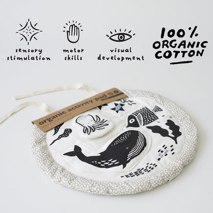 Wee Gallery Organic Ocean Activity Pad - High Contrast Tummy Time Play Mat with 6 Interactive Activities - Soft Sensory Toys for Babies - Visual & Motor Skill Development Toy