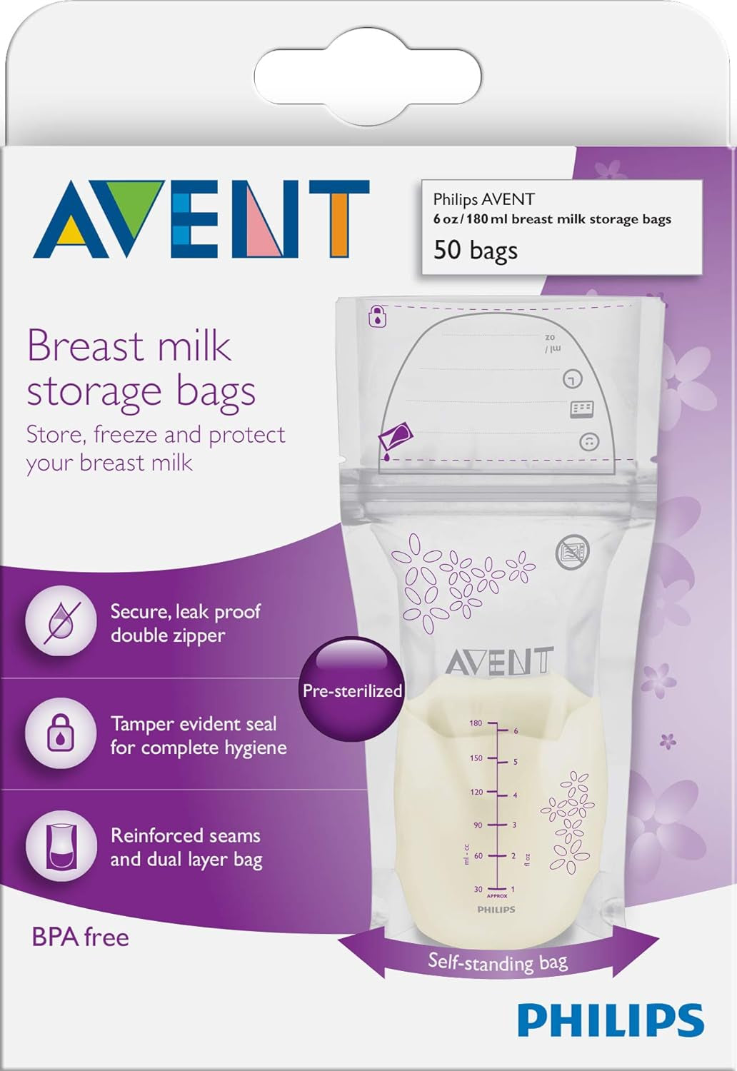 Philips AVENT Breast Milk Storage Bags, Clear, 6 Ounce, 50 Pack, SCF603/50