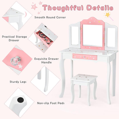 Costzon Kids Vanity Set with Mirror, 2 in 1 Princess Makeup Dressing Table W/Detachable Top, Toddler Girls Vanity with Tri-Fold Mirror, Drawer & Stool, Pretend Play Vanity Set for Little Girls, White