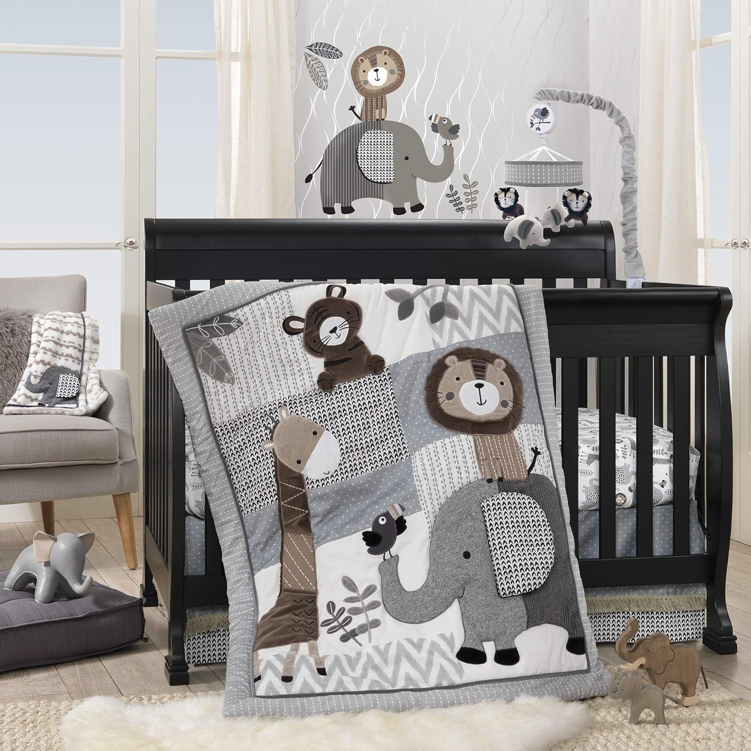 Lambs & Ivy Urban Jungle Gray/Brown Lion & Elephant Musical Baby Crib Mobile