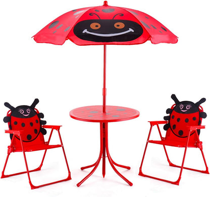 Costzon Kids Table and 2 Chair Set, Ladybug Folding Picnic Table Set with Removable Umbrella for Indoor Outdoor Garden Patio, Gift for Children Boys & Girls