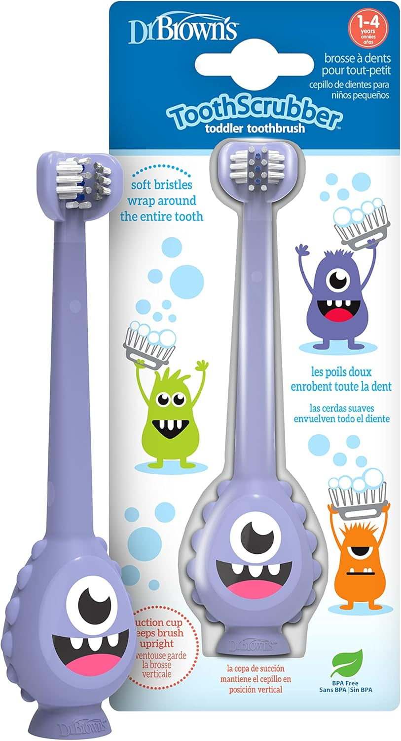 Dr. Brown'S Toothscrubber Toothbrush, Three-Sided Toddler Training Toothbrush for Ages 1-4 Years with Suction Cup Base and Color Changing Bristles