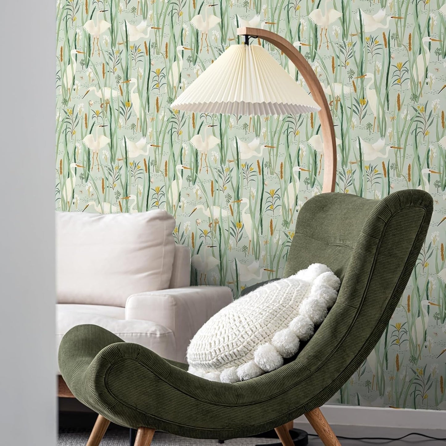 Ismoon Green Peel and Stick Wallpaper, Boho Wallpaper Nursery Wallpaper Crane Wallpaper Egret Light Green Contact Paper Vinyl Removable Wallpaper for Cabinets Shelf 16.1X78.7In