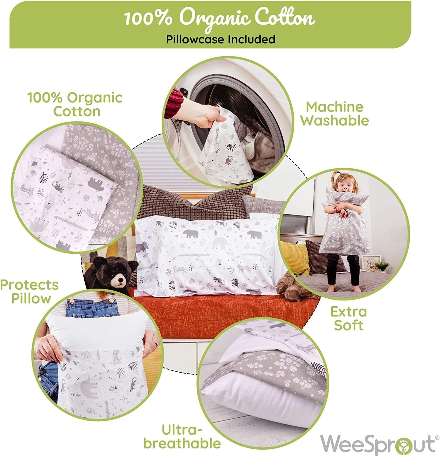 Weesprout Toddler Polyester Organic Cotton Shell and 2 Pillowcases, Small Kids Pillow, Soft and Supportive Polyfiber Filling, Machine Washable, 18 X 13 X 3 (White + Floral Print, 3 Piece Set)