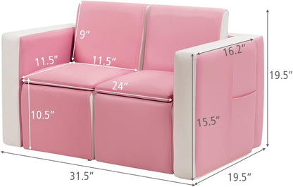 Costzon Kids Couch, 2 in 1 Double Seat Children'S Sofa Convert to Table and Two Chairs, Toddler Lounge with Storage Space, PVC Surface, Large Soft Kids Preschool Sofa Toy for Boys Girls Gifts (Pink)