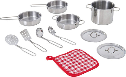 Teamson Kids - Little Chef Frankfurt Kitchen Pretend Play Stainless Steel Cooking Utensils Accessories Set Toys with Cookware Pots and Pans for Kids Boys Toddler and Girls - 11 Pcs